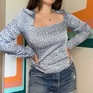 Square Neckline Silky Blue Peasant blouse